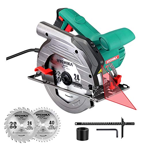 HYCHIKA Sierra Circular 1500W, 4700RPM, 2 Discos 24T+40T: 190mm, Corte 65mm (90º), 45mm (45º), Guía Laser, Motor de Cobre Puro, Extrator de Polvo, 3M Cable