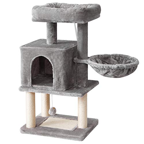 IBUYKE Árbol rascador Árbol para Gatos, Torre de Gato con Tablero de Sisal Bola de Campana, Altura 92cm Gris Claro CT007W