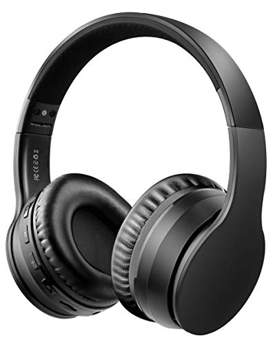 Ifecco Bluetooth5.0 Estéreo Auriculares Música Sobre-oído Sonido de alta fidelidad, Bluetooth Banda para la cabeza plegable con micrófono y cable de audio para Apple iPhone, PC(Negro 1)
