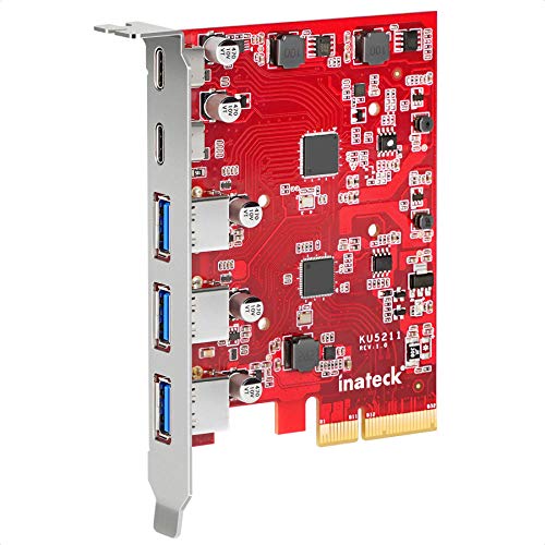 Inateck Tarjeta PCIe a USB 3.2 Gen 2 con 20 Gbps de Ancho de Banda, 3 Puertos USB Tipo A y 2 Puertos USB Tipo C, KU5211, Rojo
