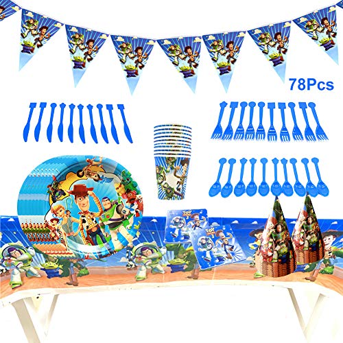 INTVN-Toy Story 4 para Fiestas,Juego de Cubiertos Incluye Pancarta Platos Cubiertos Servilletas Mantel Cucharas para Fiesta Baby Shower Set de 78 Piezas