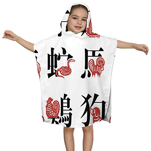 IUBBKI Signo del Zodiaco Chino para el año - - Signo, Toalla de Playa con Capucha para niños pequeños, 100% algodón, Suave, de Secado rápido, Absorbente, Uso para niños de 2 a 7 años China - Asia Ori