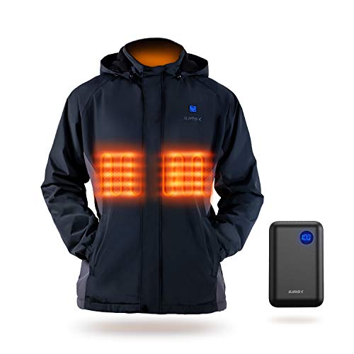 IUREK Chaqueta Calefactable Hombre y Mujer ZD960, Chaqueta Deportiva Térmica Impermeable con Capucha, Abrigo de Calefacción de 3 Zonas con Powerbank 10000 mAh, 3 Temperaturas para Invierno