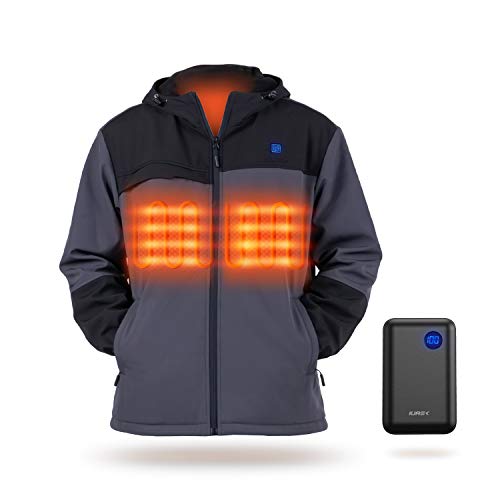 IUREK Chaqueta Calefactable Hombre ZD962, Chauqueta Deportiva Térmica con Capucha, Patchwork Negra y Gris con Powerbank 10000 mAh, 3 Temperaturas, 3 Zonas de Calefacción para Invierno Outdoor