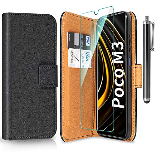 ivencase Funda Compatible con Xiaomi Poco M3 con Protector de Pantalla y bolígrafo, Libro Caso Cubierta la Tapa magnética Protector de Billetera Cuero de la PU Carcasa - Negro