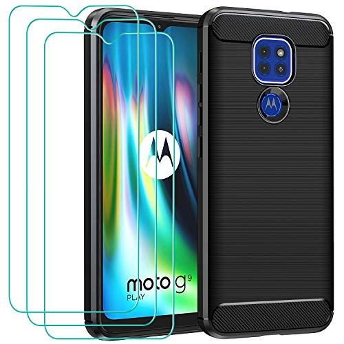 ivoler Funda para Motorola Moto G9 Play/Moto E7 Plus/Moto G9 + 3 Unidades Cristal Templado, Fibra de Carbono Negro TPU Suave de Silicona Carcasa Caso + Vidrio Templado y Protector de Pantalla