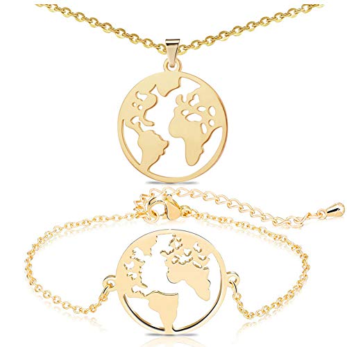 JAHEMU Joyería de Moda Pulsera Collar con Colgante del Globo Terráqueo Joyería de Acero Inoxidable World Map Bracelet Necklace Regalos de Navidad para Mujeres JAHEMU Joyería de Moda Pulsera Collar con Colgante del Globo Terráqueo Joyería de Acero Inoxidable World Map Bracelet Necklace Regalos de Navidad para Mujeres