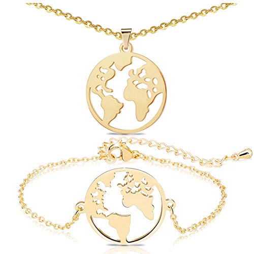 JAHEMU Joyería de Moda Pulsera Collar con Colgante del Globo Terráqueo Joyería de Acero Inoxidable World Map Bracelet Necklace Regalos de Navidad para Mujeres