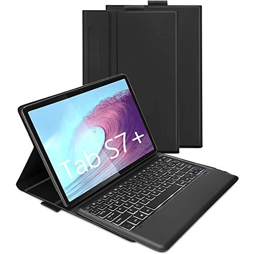 Jelly Comb Funda con Teclado Español Ñ para Samsung Tab S7+ 12.4 '' Funda Protectora para Samsung AB S7 Plus 2020(SM-T970/T975/T976), Teclado Bluetooth Retroiluminado QWERTY, Negro