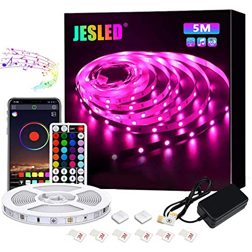 JESLED Tiras LED 5M, Sincronización de música Bluetooth, control de aplicaciones, Remoto de 44 Botones, 5050 RGB LED Strip, para Habitacion, Hogar, Bar, Fiesta, Restaurante JESLED Tiras LED 5M, Sincronización de música Bluetooth, control de aplicaciones, Remoto de 44 Botones, 5050 RGB LED Strip, para Habitacion, Hogar, Bar, Fiesta, Restaurante