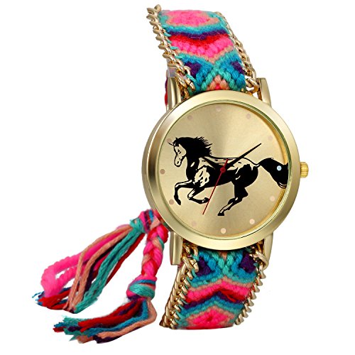 JewelryWe Boho Reloj De Pulsera Étnica De Mujeres, Azul Rosa Cuerda De Tela Tejida, Reloj Trenzado De Hilos Ajustable, Patrón de Caballo, Regalo para el Dia de la Madre, Regalo Para Chica