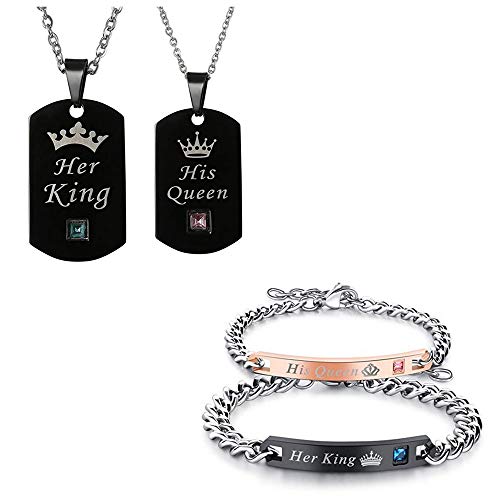 JewelryWe - Juego de 2 pulseras de amantes, diseño de His Queen Her King, con circonitas, color negro, oro rosa, para hombre y mujer, acero inoxidable, regalo de San Valentín o Navidad Set