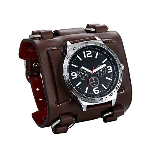 Jewelrywe Reloj de Pulsera Hombre Chicos Marron/Brazalete Ancho de Cuero Negro