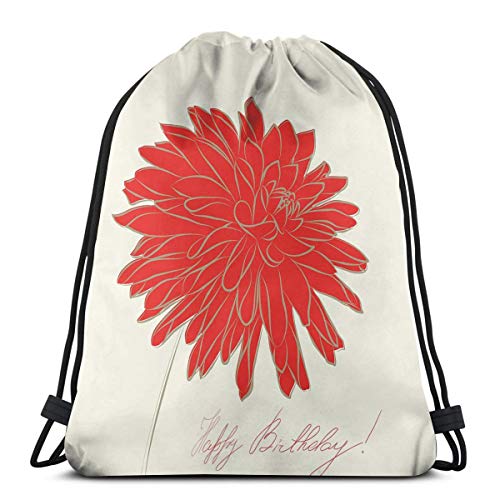 Jiger Drawstring Tote Bag Gym Bags Storage Backpack, Sketching of A Colossal Dahlia Blossom Retro Style In Blood Red Colored Single Flower,Very Strong Premium Quality Gym Bag for Adults & Children