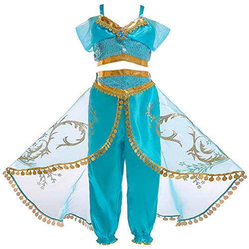 JK Disfraz de Princesa Jasmine con Lentejuelas para niñas, Vestido de Princesa Aladdin Jasmine para Fiesta de Halloween para niños (130cm)
