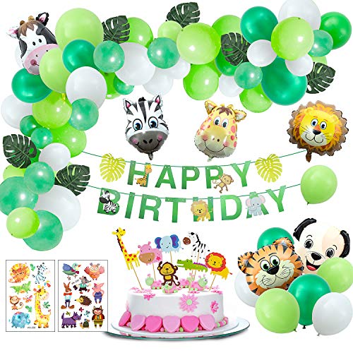 Joeyer 54 PCS Selva Fiesta de Cumpleaños Decoracion, Globo de Aluminio Safari Bosque Animal Cumpleaños Globos con Hojas para Niño Cumpleaños Baby Shower Decoración