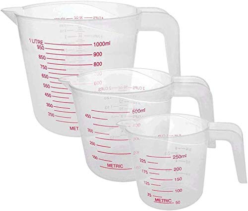 JoGoi - Jarra Medidora de Plástico Para Panadero 3 Unidades, Tamaño Grande, 4 Tazas (1 Litro), 2 Tazas (500 ml) y 1 Taza Pequeña (250 ml) – Apto Para Microondas – Transparente, Fácil de Leer