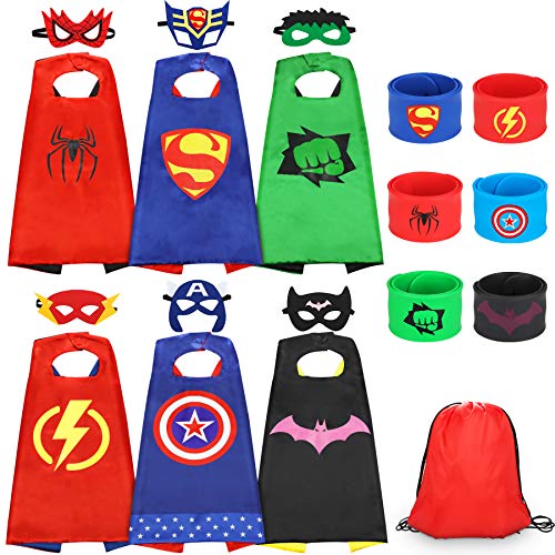 Jojoin 6 Pcs Capas de Superhéroe para Niños, Disfraces de Superhéroe para Niños, Kit de Cosplay para Niños con 6 Máscaras y 6 Pulseras y 1 Bolsa, Juguetes Regalos para Cumpleaños, Navidad o Carnaval