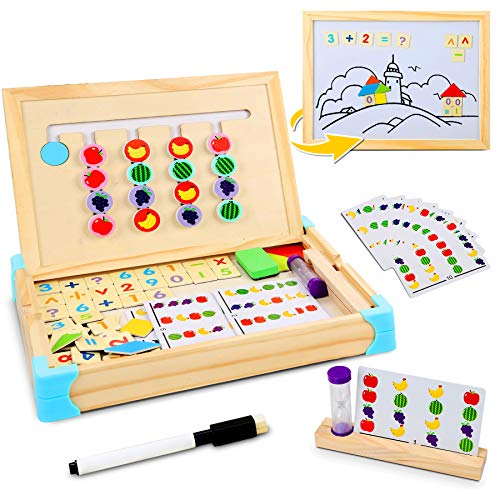 Jojoin Juego Tablero de Rompecabezas de Madera Lógico, Juguete Montessori de Madera Tablero Doble Lado con 10 Tarjetas de Patrón, Reloj de Arena, Pizarra y Rompecabezas Magnéticas de Figuras y Números