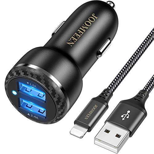 JOOMFEEN Cargador de Coche USB para iPhone 11/11 Pro Max/XS Max/XS/XR/X/8/7 Plus/7/6S/6/5S/5C/SE/5, iPad Pro/Air/ Mini, 3.4A Carga Rapida Doble Puertos USB Adaptador Cargador de Coche con 1M/3FT Cable