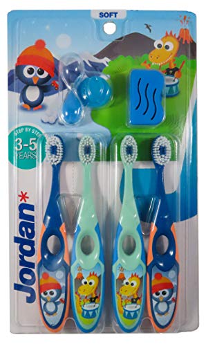 Jordan* | Step 2 | Cepillo de dientes para niños de 3 a 5 años | Cepillo de dientes para niños con cerdas suaves, mango ergonómico doble y sin BPA | Color azul y verde | Pack de 4 unidades
