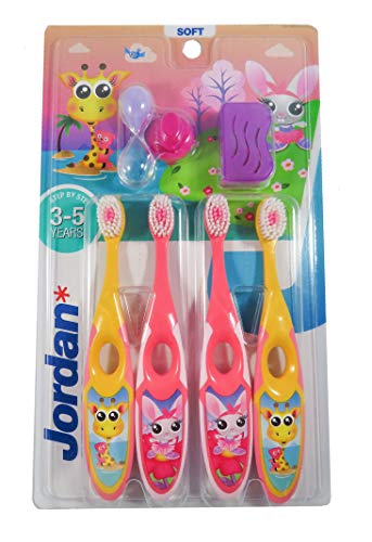 Jordan* | Step 2 | Cepillo de dientes para niños de 3 a 5 años | Cepillo de dientes para niños con cerdas suaves, mango ergonómico doble y sin BPA | Color rosa y amarillo | Pack de 4 unidades