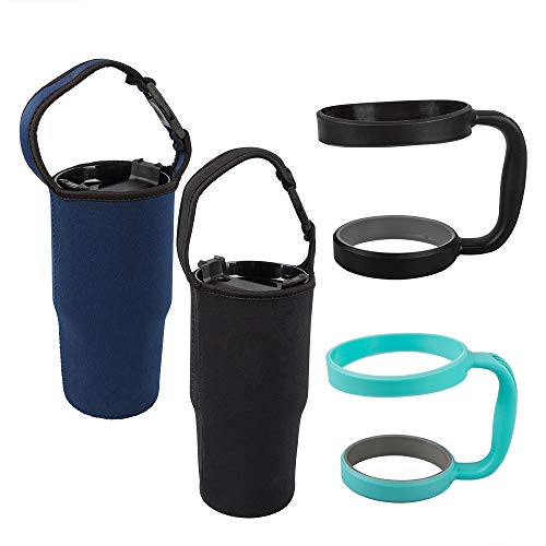 Juego de 4 vasos, bolsa y soporte para todas las tazas de café aisladas de viaje de 30 onzas, paquete de 2, negro y azul marino, bolsa con asa y 2 soportes verdes y negros