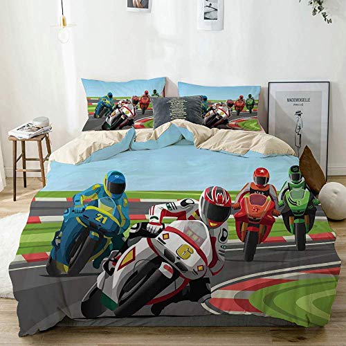 Juego de funda nórdica beige, motociclistas profesionales que compiten en un campeonato en la vía pública cerrada Gráfico decorativo, juego de cama de 3 piezas con 2 fundas de almohada Fácil cuidado a