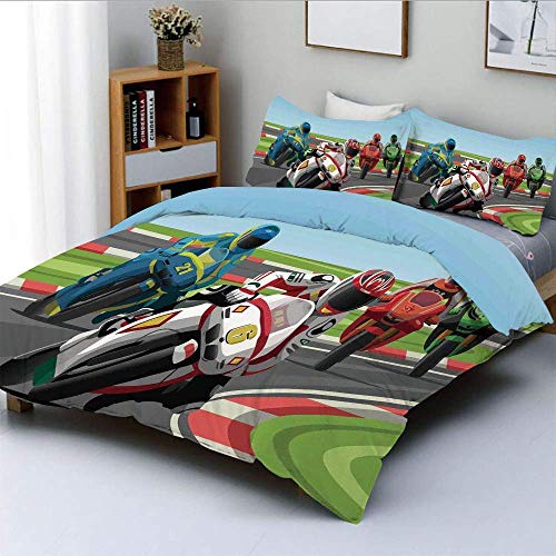 Juego de funda nórdica, motociclistas profesionales que compiten en un campeonato en carreteras públicas cerradas, juego de ropa de cama decorativo de 3 piezas con 2 fundas de almohada, multicolor, el