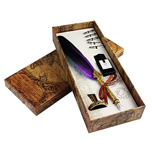 Juego de pluma estilográfica, tinta y soporte, con pluma natural hecha a mano, diseño de pluma antigua, color morado Juego de pluma estilográfica, tinta y soporte, con pluma natural hecha a mano, diseño de pluma antigua, color morado