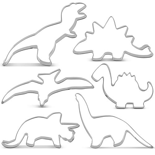 KENIAO Juego de Cortadores Galletas Dinosaurio Moldes para Galletas Infantiles - 6 Piezas - T-Rex, Triceratops, Stegosaurus, Brontosaurus, Pterodactyl y Bebé Dinosaurio - Acero Inoxidable