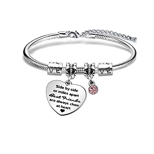 KENYG Side by Side Or Miles Apart Best Friends are Always Close at Heart Pulsera de cristal de plata para mujer