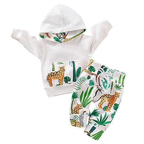 Kfnire - Conjunto de bebé compuesto de pantalones y sudadera con capucha, diseño de leopardo blanco 0- 3 meses Kfnire - Conjunto de bebé compuesto de pantalones y sudadera con capucha, diseño de leopardo blanco 0- 3 meses