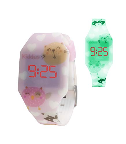 KIDDUS Reloj LED Digital para niña o niño. Pulsera de Silicona Suave. Batería Japonesa reemplazable. Fácil de Leer y Aprender Las Horas. Efecto Fluorescente. KI10221 Gatitos