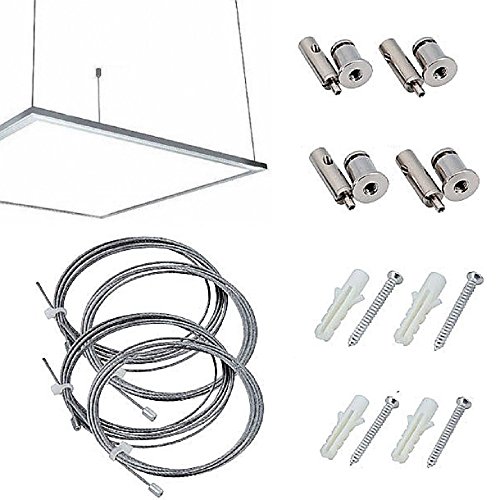 Kit para montaje de suspensión paneles LED 30 x 30 30 x 60 60 X 30 60 x 60 120 x 30 120 x 60 cm con 4 cables de acero de 1 metro ajustables, 4 tornillos para fijación a pared, 4 tornillos y 4 tacos Kit para montaje de suspensión paneles LED 30 x 30 30 x 60 60 X 30 60 x 60 120 x 30 120 x 60 cm con 4 cables de acero de 1 metro ajustables, 4 tornillos para fijación a pared, 4 tornillos y 4 tacos
