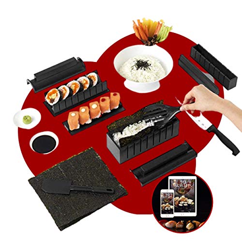 Kit Sushi Maker - Moldes para sushi completo + libro de 50 recetas de regalo - 11 piezas - Con cuchillo experto a sushi, cocinar, arroz