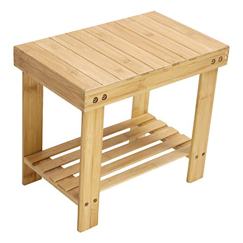 KKTONER Taburete bajo de bambú Natural con Estante de Almacenamiento Color Natural KKTONER Taburete bajo de bambú Natural con Estante de Almacenamiento Color Natural