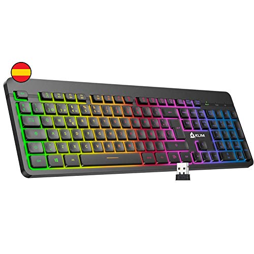 KLIM™ Light V2 Teclado Inalámbrico Gaming ESPAÑOL + Teclado Gaming Ligero, Duradero, Ergonómico, Silencioso + Batería de Larga duración + Teclado Gamer PC Mac PS4 Xbox One+ Nuevo 2020 + Negro