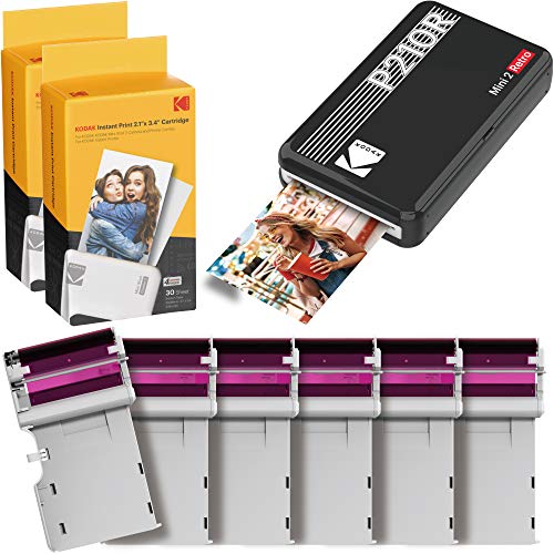 Kodak Mini 2 Retro Impresora Fotográfica Instantánea Portátil Retro, Conexión Inalámbrica, Compatible con iOS, Android Y Bluetooth, Foto Real 2.1 ”X3.4”, Tecnología 4Pass – 68 Fotos – Negro
