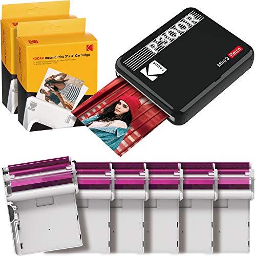 Kodak Mini 3 Retro Square Retro Impresora Fotográfica Portátil, Compatible con Dispositivos iOS, Android y Bluetooth, Foto Real 3”x3”, 4Pass y Proceso Laminación, 68 Fotos – Negro