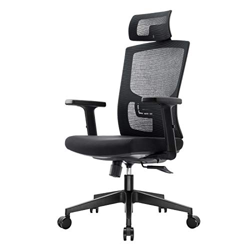 KOMENE Silla Ergonómica Oficina y Silla Ajustable de Malla con Respaldo Alto, Silla Escritorio para Computadora con Reposacabezas y Soporte Lumbar para el Hogar y la Oficina (Negro)