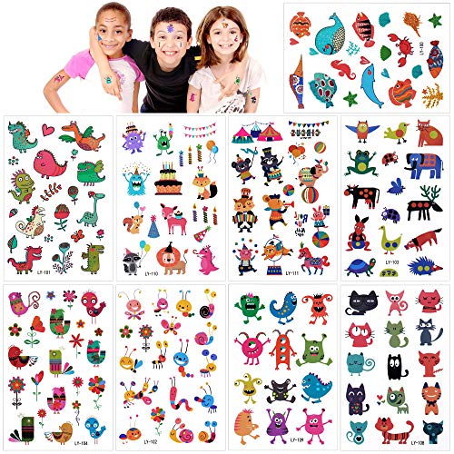 Konsait Tatuajes Temporales para Niños Niñas, 160pcs Dibujos Animados Animal Tatuaje Falso Pegatinas Flor Mariposa piñata Niños Infantiles Fiesta de cumpleaños Regalo Bolsas Relleno