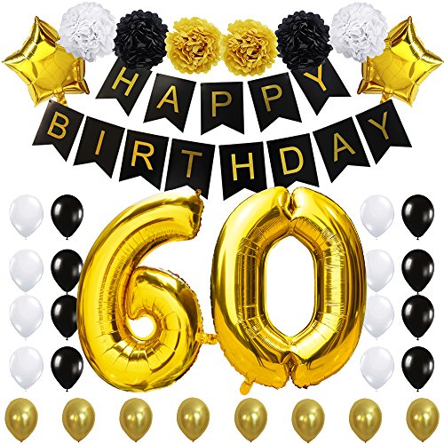 KUNGYO 60 Decoración para Fiestas de Cumpleaños Happy Birthday Pancarta Negro 40 Pulgadas Globo de Oro 60 Colgantes Flores de Papel Globos de Estrellas Látex