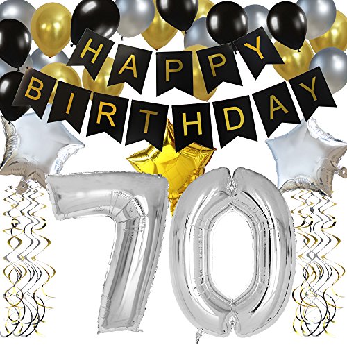 KUNGYO Clásico Decoración de Cumpleaños -“Happy Birthday” Bandera Negro;Número 70 Globo;Balloon de Látex&Estrella, Colgando Remolinos Partido para el Cumpleaños de 70 Años