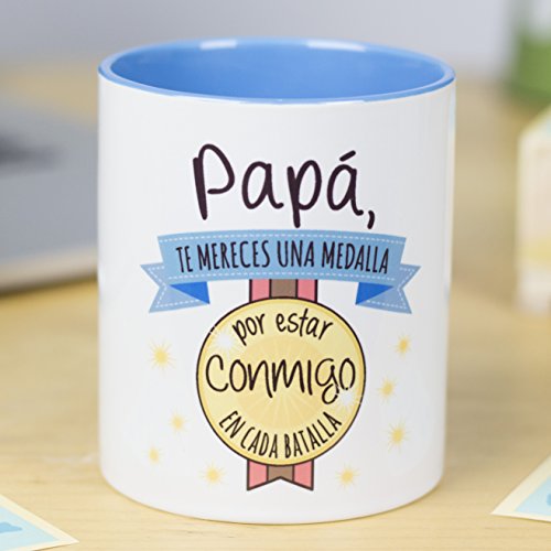 La Mente es Maravillosa - Taza con frase y dibujo divertido (Papá, te mereces una medalla por estar conmigo en cada batalla) Regalo para PAPÁ