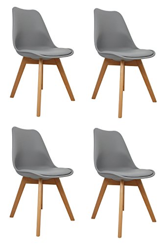 La Silla Española Salou, sillas de estilo nórdico, asiento en simil piel y patas en madera, gris, 47x42x83 cm, 4 unidades La Silla Española Salou, sillas de estilo nórdico, asiento en simil piel y patas en madera, gris, 47x42x83 cm, 4 unidades