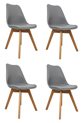 La Silla Española Salou, sillas de estilo nórdico, asiento en simil piel y patas en madera, gris, 47x42x83 cm, 4 unidades