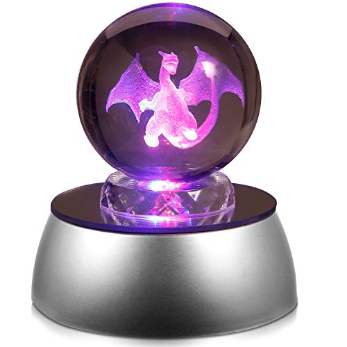 Lámpara LED 3D en forma de bola de cristal, regalo de cumpleaños para niños y niñas, bola de cristal 3D con base de descoloración, la base se descolora automáticamente – 50 mm de diámetro (Charizard)