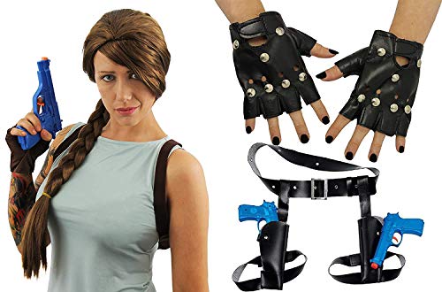 Lara Croft Fancy Dress Wig, Holsters, Guns & Gloves Kit (disfraz)
