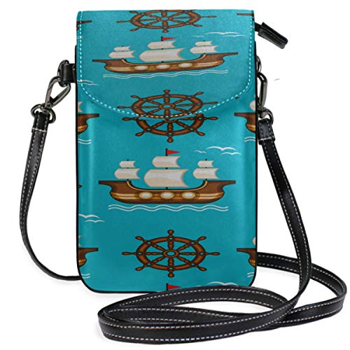 Lawenp Estuche de cuero para teléfono celular Colorido Hermoso Timón de moda Estampado azul marino Vintage Crossbody Monedero Monederos Crossbody Monedero Monedero Pasaporte de viaje Bolsos para muje